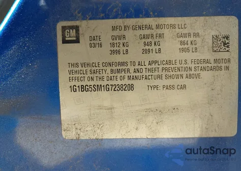 2016 Chevrolet Cruze Premier Auto from USA, damaged, VIN 1G1BG5SM1G7238208